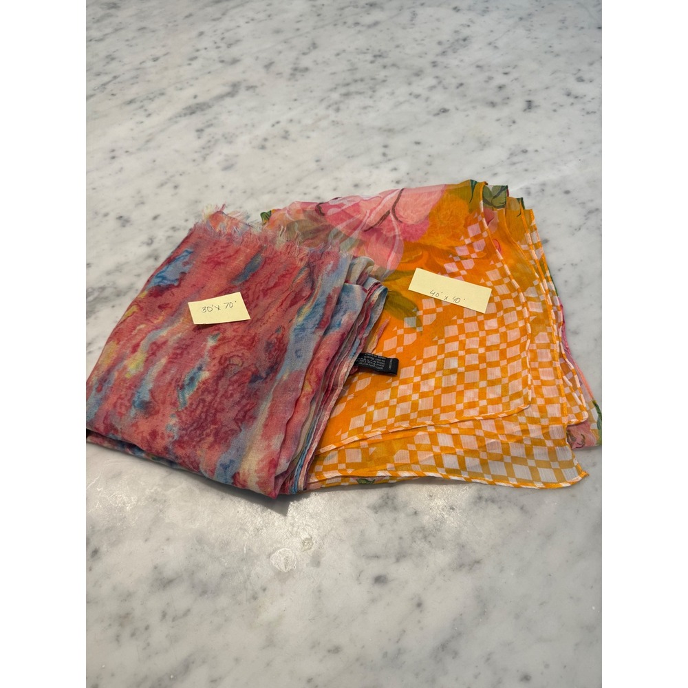 Lot of 2 Womens Lightweight Sheer Scarves Abstract Red Blue Floral Orange Square